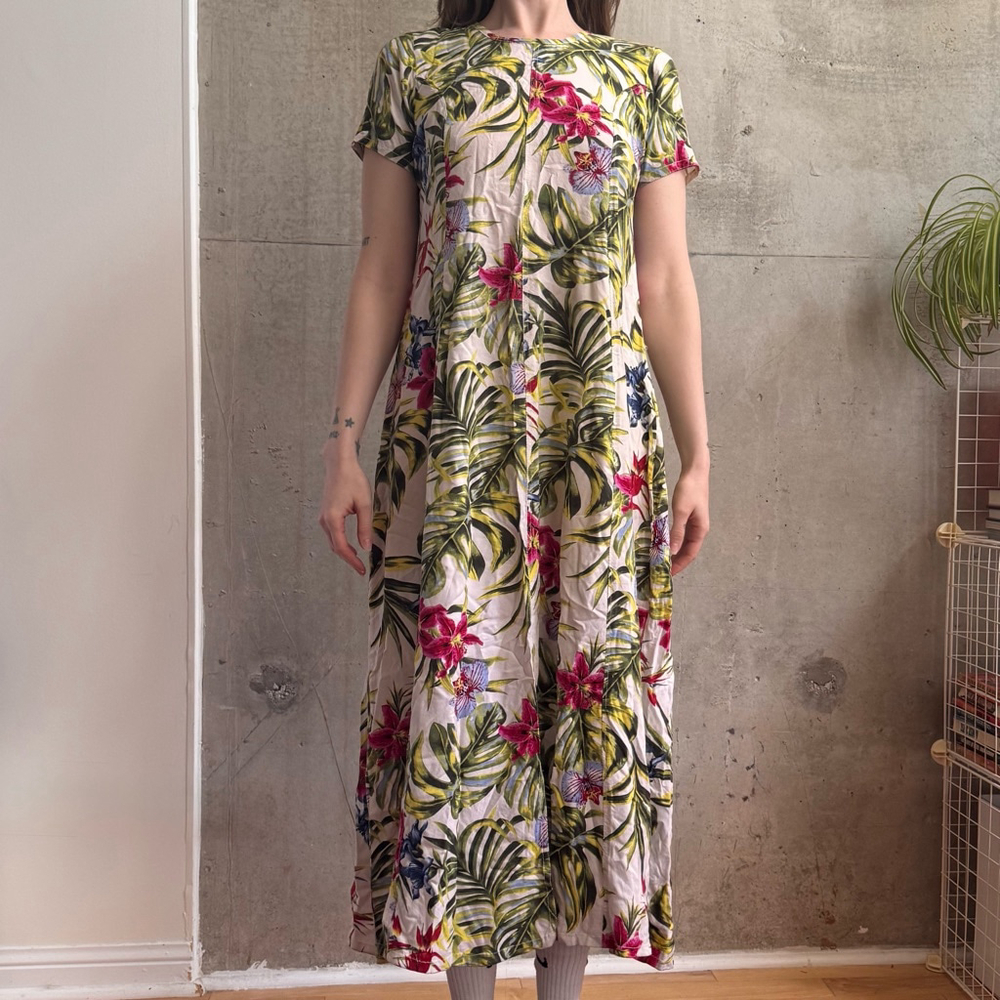 Vintage Tropical Cotton Palm Print Mxi Dress Size S